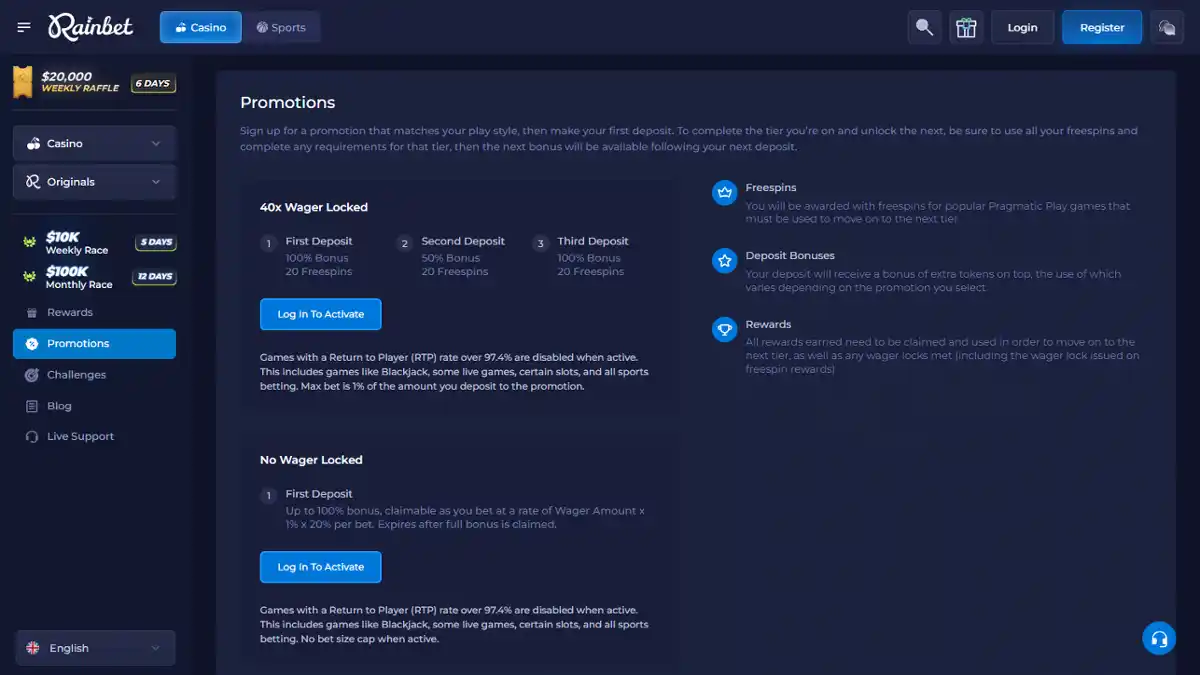 Rainbet — Promotions, terms or mobile view