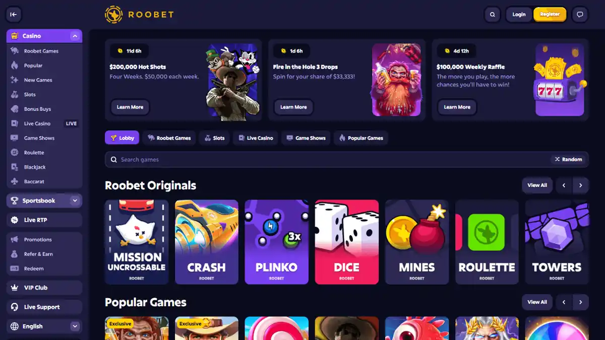 Roobet — Katalog gier lub produktów
